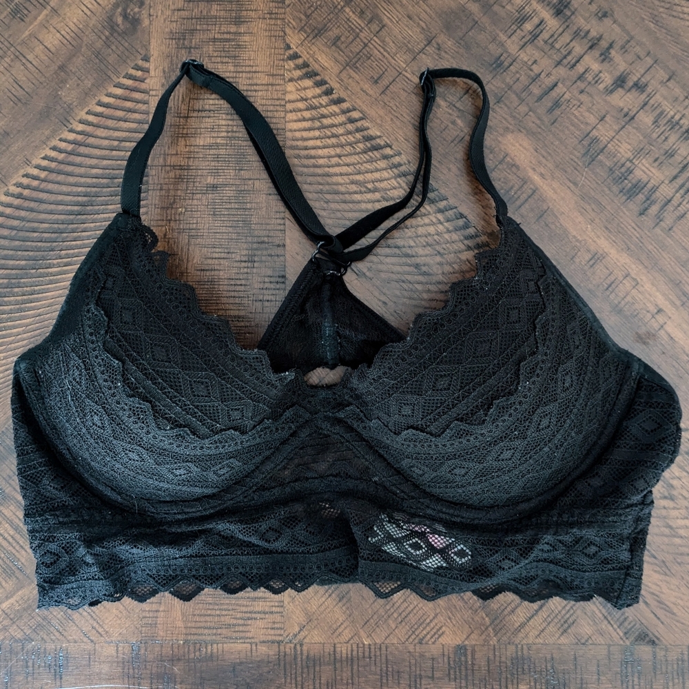 Victoria's Secret PINK Lace Bralette Black Lace Strappy Back Racerback Push-Up